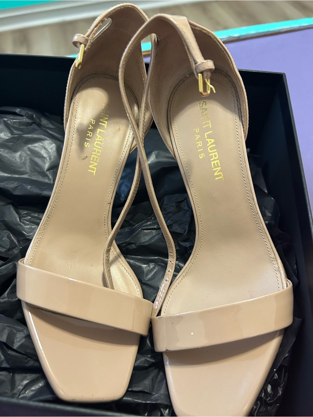Saint Laurent Beige Patent Leather Slingback Sandals